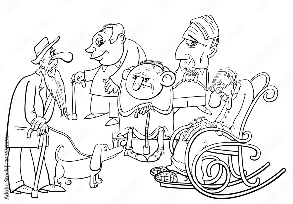 elder people characters group cartoon coloring page Stock Vector