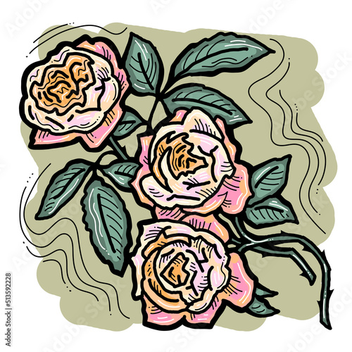 Wallpaper Mural Beautiful roses with leaves. Romantic bohemian flowers  bouquet decorative element for birthday party postcard, wedding celebration invitation. Hand drawn illustration. Retro vintage style drawing.  Torontodigital.ca