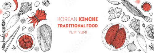 Kimchi cooking and ingredients for kimchi, sketch illustration. Korean cuisine frame. Healthy food, design elements. Hand drawn, package design. Asian food