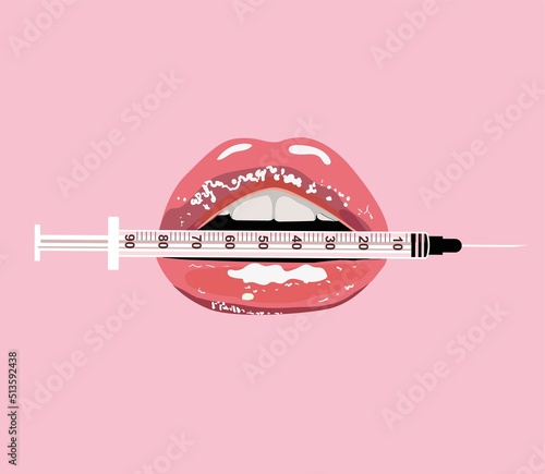 Lips holding a syringe. Beauty concept of lip filler lips. Esthetician nurse logo
