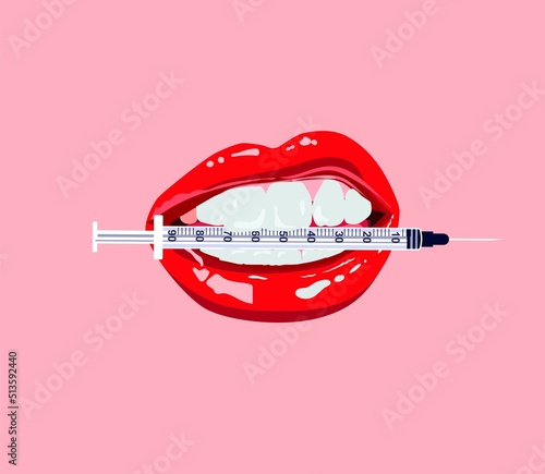 Lips holding a syringe. Beauty concept of lip filler lips. Esthetician nurse logo