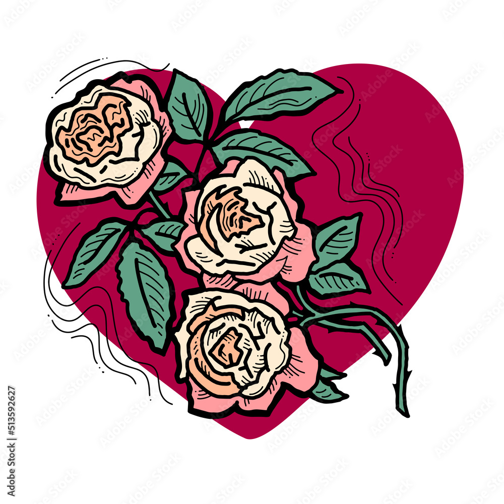 Beautiful roses with leaves. Romantic bohemian flowers bouquet decorative element for birthday party postcard, wedding celebration invitation. Hand drawn illustration. Retro vintage style drawing. Beautiful roses with leaves. Romantic bohemian flowers bouquet decorative element for birthday party postcard, wedding celebration invitation. Hand drawn illustration. Retro vintage style drawing.