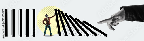 Fotografie A man stops the fall of domino blocks. Art collage.