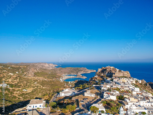 Breathtaking aerial panoramic view over Chora, Kythera by the Castle at sunset. Majestic scenery over Kythera island in Greece, Europe