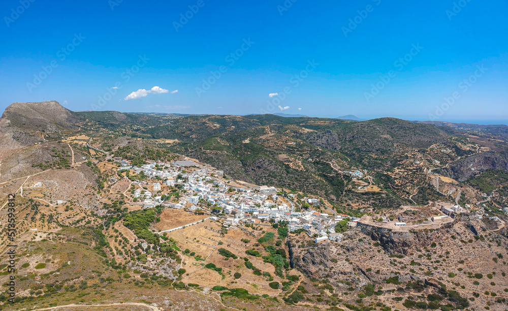 Breathtaking aerial panoramic view over Chora, Kythera by the Castle at sunset. Majestic scenery over Kythera island in Greece, Europe