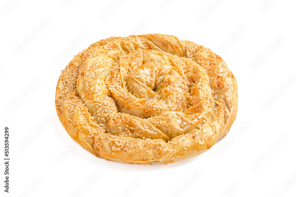 catalog bakery borek (burek) vertuta Spiral-shaped Greek Cheese pie filling meat or cottage cheese on white background isolate catalog bakery borek (burek) vertuta Spiral-shaped Greek Cheese pie filling meat or cottage cheese on white background isolate