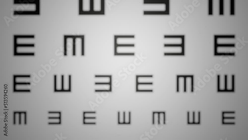 Presbyopia eye condition concept with scrolling eyechart going blurry, 3D animation in 4K UHD photo