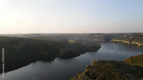 the National Park in Ukraine.. Aerial view from drone of magnificent landscape of wide river Dniester. photo