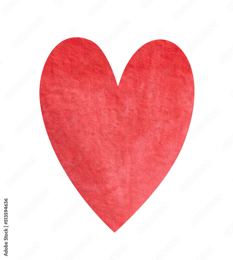 Hand drawn watercolor red colored heart. Illustration for print fabric, wrapper and cards. Isolated