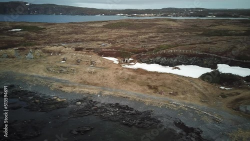 Aerial view of L'Anse aux Meadows National Historic Site on the Atlantic Ocean Coast. Taken in Newfoundland, Canada.