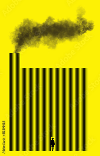 A man enters a door to a factory made of black lines on a yellow background in a 3-d illustration about going to work and bad jobs. Black smoke is seen coming from chimmney. photo
