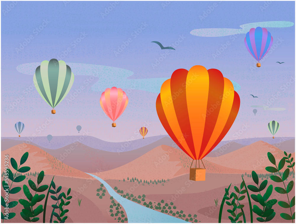 Obraz premium Cappadocia rocks landscape with air balloons . Adventure travel in Turkey concept vector illustration.