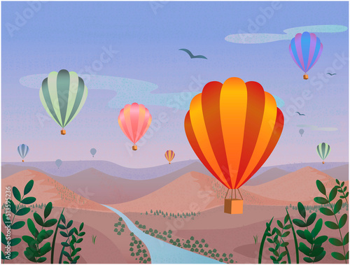 Cappadocia rocks landscape with air balloons . Adventure travel in Turkey concept vector illustration.