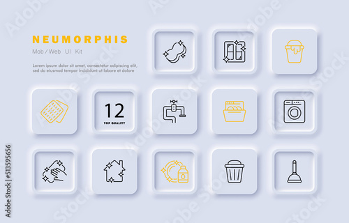 Spring cleaning set icon. Sponge, window, mop, bucket, faucet, plumbing, washing machine, dishwasher. Clean concept. Neomorphism. Vector line icon for Business and Advertising