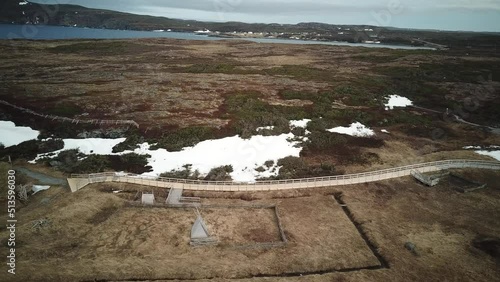 Aerial view of L'Anse aux Meadows National Historic Site on the Atlantic Ocean Coast. Taken in Newfoundland, Canada.
