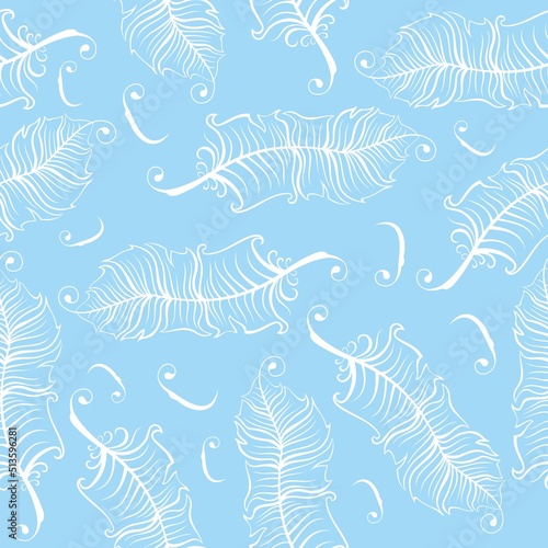 Feather pattern on a blue background white fluff
