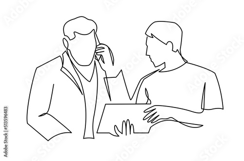 Male managers working continuous one line vector illustration. The boss and his assistant secretary making corrections in project. Men taking part in business meeting, brainstorming, talking.