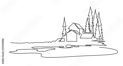 Rural landscape continuous one line vector drawing. Lake house in the woods hand drawn silhouette. Country northern nature panoramic sketch.