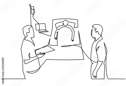 The male doctor reports the diagnosis to a relative continuous one line vector drawing. Hospital cure examination support to unwell person. Treatment aid emergency. The patient is lying in bed