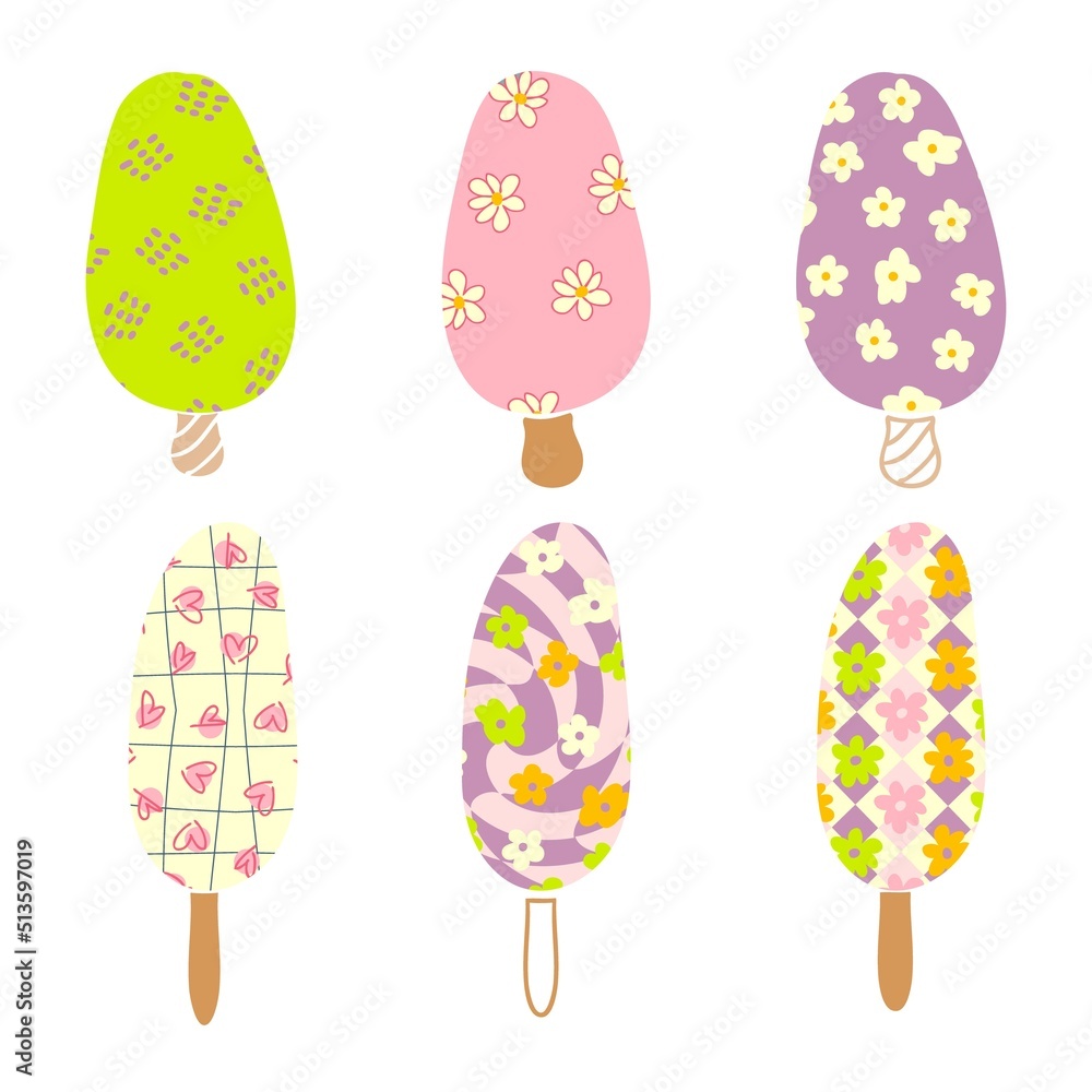 Retro collection six textured popsicle ice creams in 1960s style. Sweet food summer set for T-shirt, stickers and posters. Hand drawn vector background for decor and design. Retro collection six textured popsicle ice creams in 1960s style. Sweet food summer set for T-shirt, stickers and posters. Hand drawn vector background for decor and design.