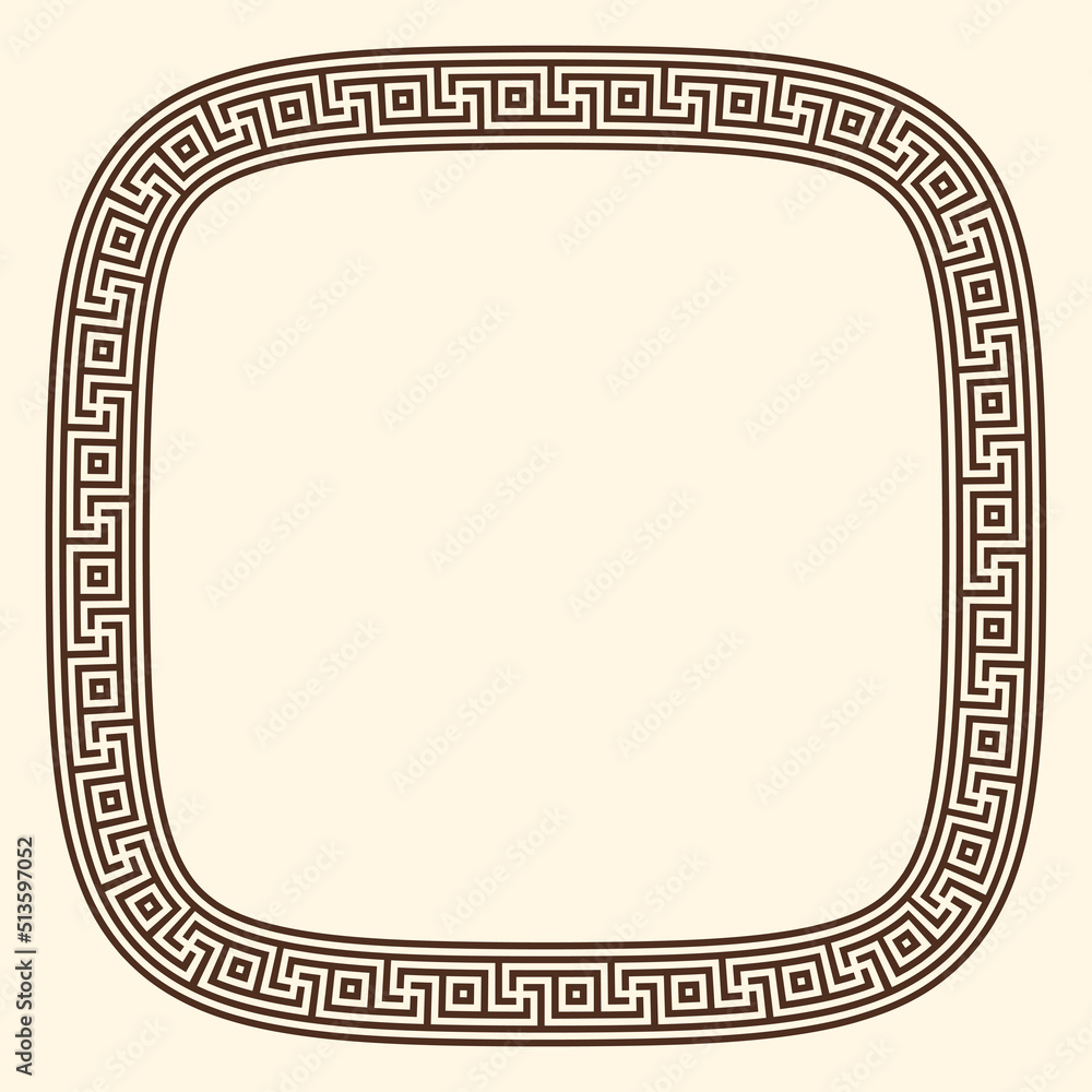 Greek key pattern, rounded square frame. Decorative ancient meander, greece border ornament with repeated geometric motif. Vector EPS10. Greek key pattern, rounded square frame. Decorative ancient meander, greece border ornament with repeated geometric motif. Vector EPS10.