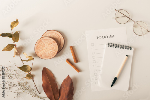 Travel concept. Composition with eyeglasses, to do list, dried leaves, pen and notepad on a white background. Autumn, fall mock up. Flat lay, top view.