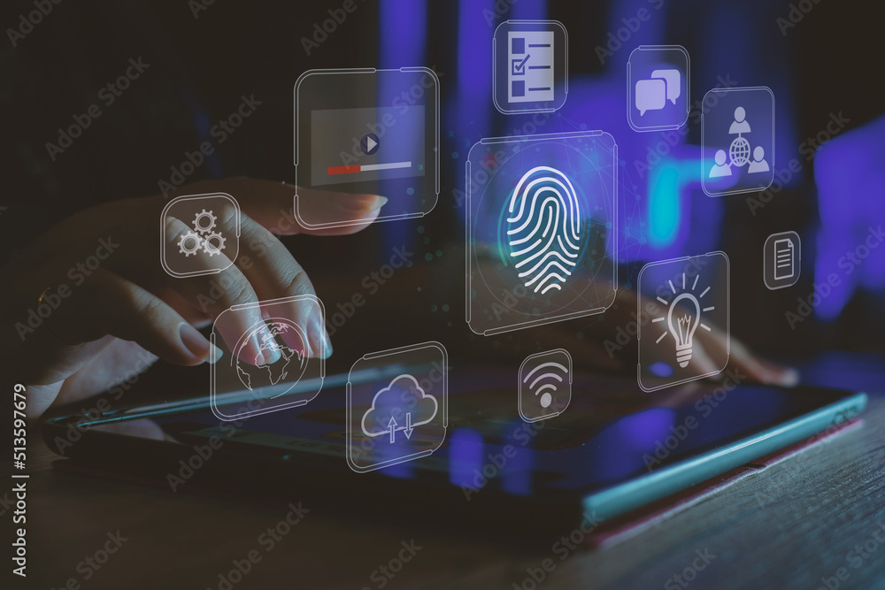 Fingerprint scan provides security access with biometrics identification. Business Technology Safety Internet Network Concept. cybersecurity concept Global network security technology, Fingerprint scan provides security access with biometrics identification. Business Technology Safety Internet Network Concept. cybersecurity concept Global network security technology,