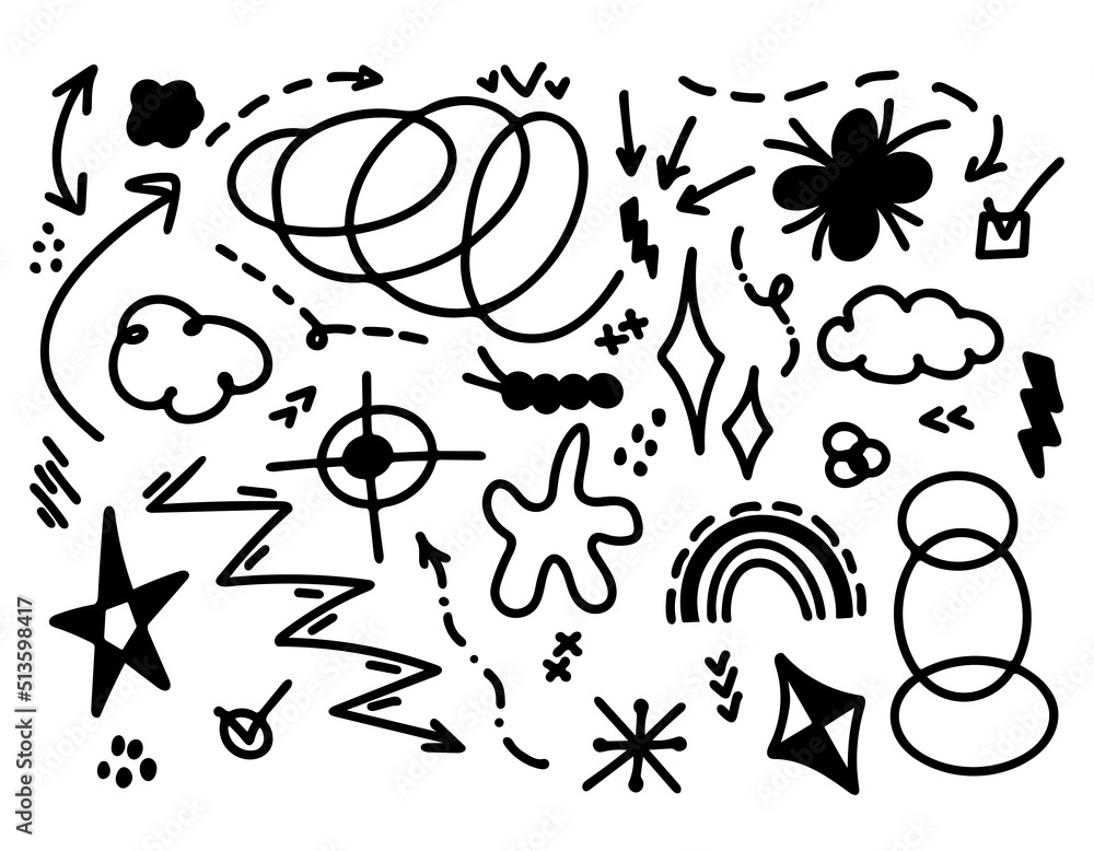 Fun minimalist doodles for old school vibe. Y2k trending filler elements set. Weird hand drawn sketch lines and arrows. Fun minimalist doodles for old school vibe. Y2k trending filler elements set. Weird hand drawn sketch lines and arrows.