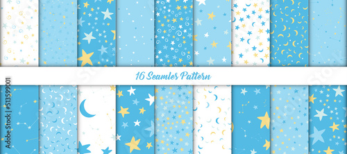 Collection of star patterns blue space sky design for printing