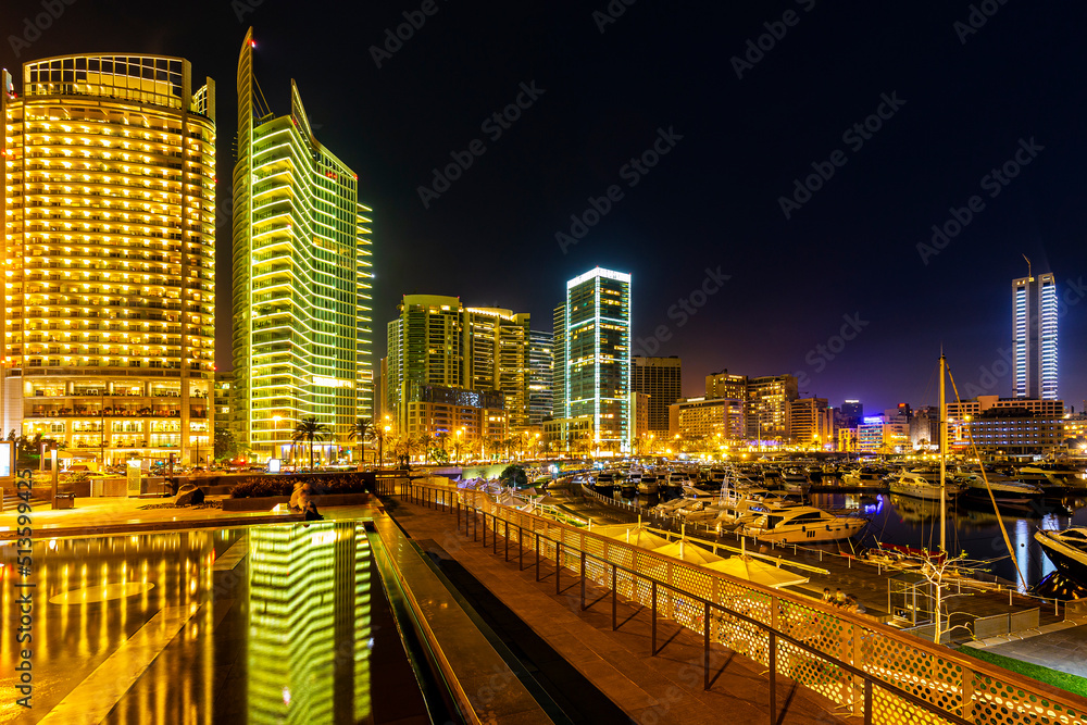 Naklejka premium Lebanon. Beirut, capital of Lebanon. Zaitunay Bay (around the West Marina) by night