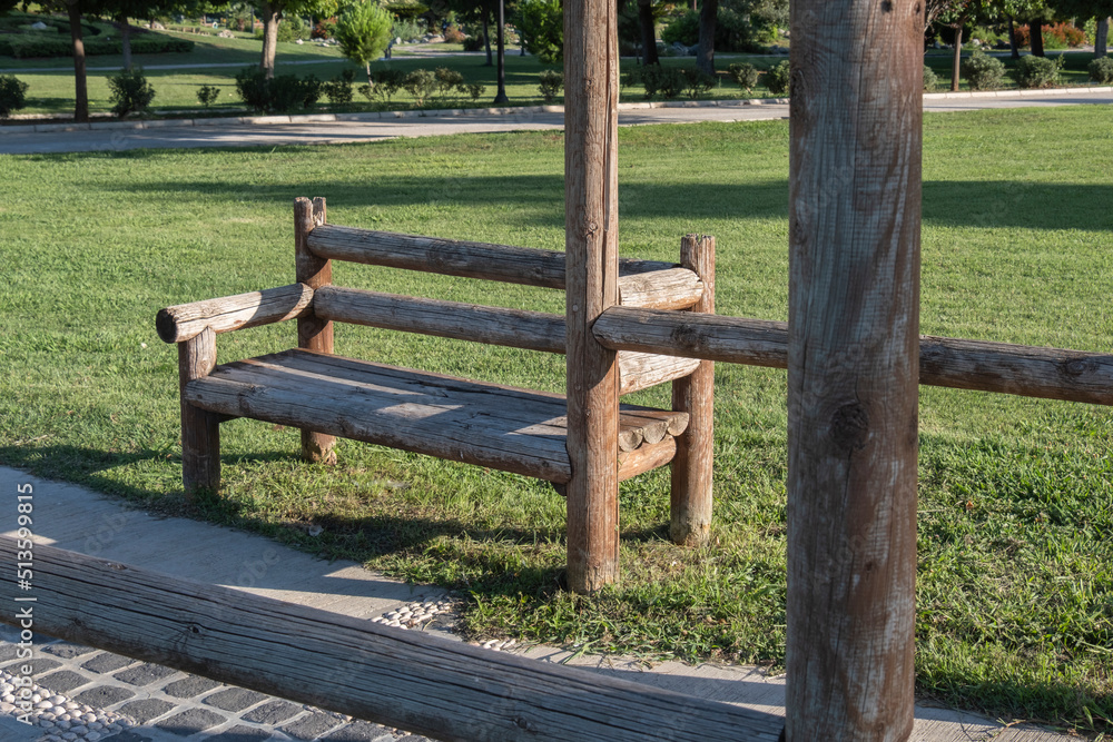 park bench made with natural wood material