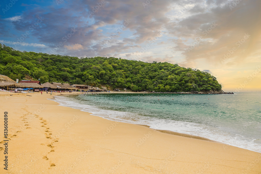 Huatulco bays -  Maguey beach. Beautiful beach with pristine waters, with turtles and fishes. Mexican beach with wooden huts by the sea