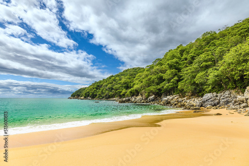 Fototapeta Naklejka Na Ścianę i Meble -  Huatulco bays -  Maguey beach. Beautiful beach with pristine waters, with turtles and fishes. Mexican beach with wooden huts by the sea