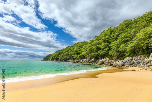 Huatulco bays - Maguey beach. Beautiful beach with pristine waters, with turtles and fishes. Mexican beach with wooden huts by the sea