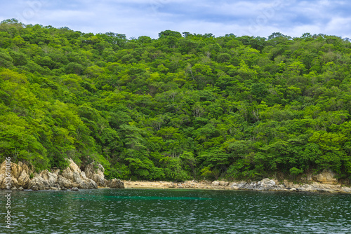 Huatulco bays - "La Entrega" beach. Beautiful beach with pristine waters, with turtles and fishes. Mexican beach with wooden huts by the sea
