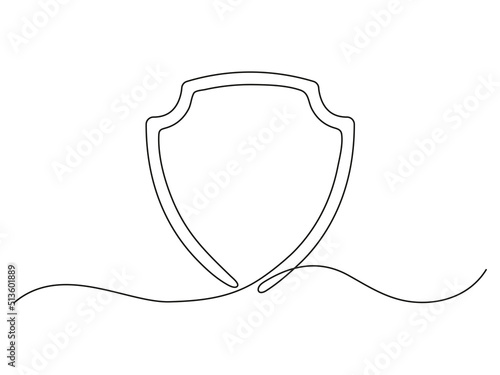 Shield continuous line art. Protect linear symbol. Guard drawing sign. Vector isolated on white.