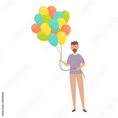 Hipster balloon seller icon cartoon vector. Salesman sell. Happy man