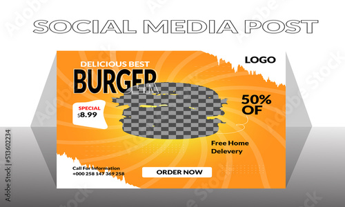 Restaurant Social Media Post Design Template
Fast Food Flyer Design Template cooking, cafe and restaurant menu, food ordering, junk food. Pizza, Burger, French fries and Soda.    banner, poster, flyer