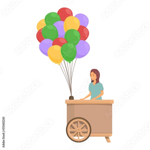Balloon seller wood cart icon cartoon vector. Street seller. Shadow park