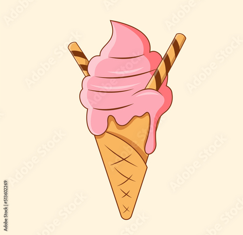 Ice-cream. Strawberry ice cream in a waffle cone with a waffle stick