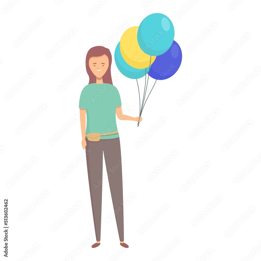 Woman balloon seller icon cartoon vector. Street shop. Happy performer Woman balloon seller icon cartoon vector. Street shop. Happy performer