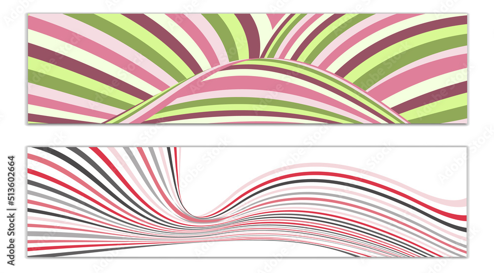Wavy lines or ribbons. Set of 2 covers. Multicolored striped. Creative unusual background with abstract wave lines for creating a trendy banner, poster. vector eps Wavy lines or ribbons. Set of 2 covers. Multicolored striped. Creative unusual background with abstract wave lines for creating a trendy banner, poster. vector eps