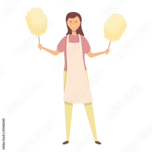 Woman cotton seller icon cartoon vector. Street shop. Sweet machine