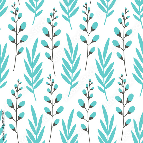 Seamless pattern with сartoon flowers, plants and branches.