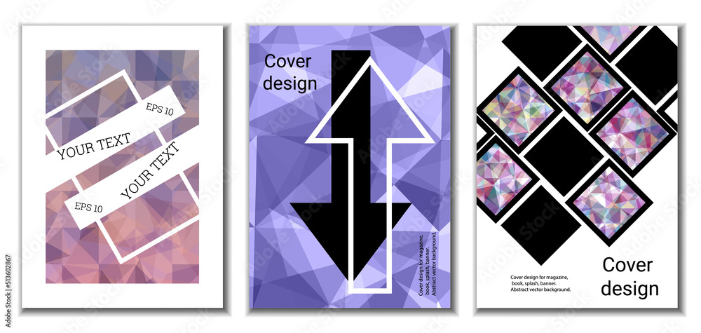 Cover design. Set of 3 covers. Imitation of crumpled paper. Unusual bright abstract background for magazine, book, splash, banner, vector. Imitation of crumpled paper Cover design. Set of 3 covers. Imitation of crumpled paper. Unusual bright abstract background for magazine, book, splash, banner, vector. Imitation of crumpled paper