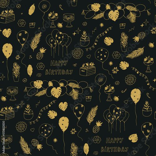 Tropical Hawaii party Birthday with monstera leaves seamless vector pattern