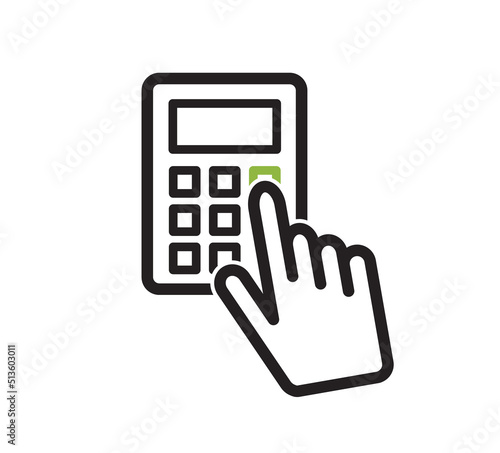 Hand with a calculator linear vector icon. 