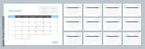 2023 calendar template. Corporate and business planner diary. The week starts on Sunday. Set of 12 months pages.