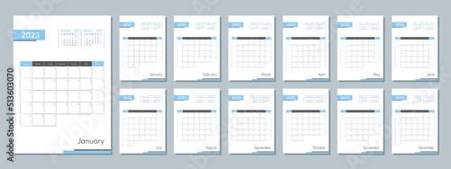 2023 calendar template. Corporate and business planner diary. The week starts on Sunday. Set of 12 months pages.