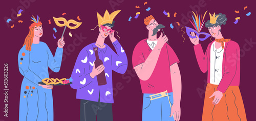 Carnival banner mockup with people in funny masquerade masks and hats, flat vector illustration. People celebrating Purim, Mardi Gras festival or other festive event with carnival, banner or poster.